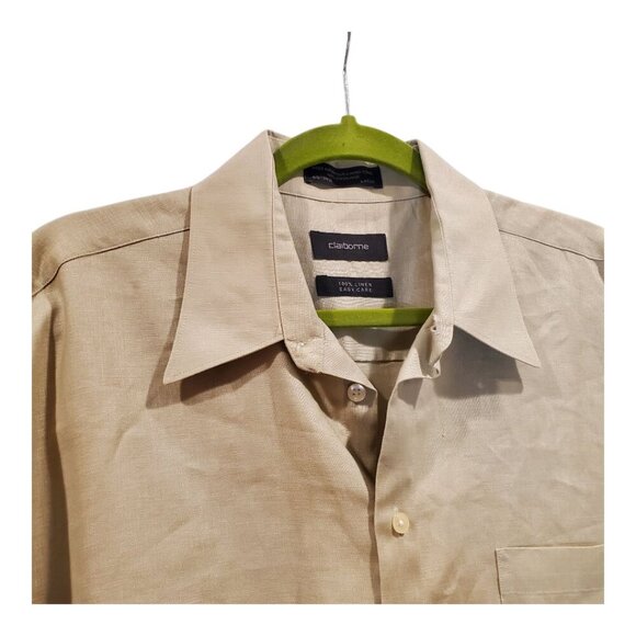 CLAIBORNE SZ 16 1/2 - 34/35 (L) Tan 100% Linen Casual Button Down Shirt Long Slv - Picture 3 of 8